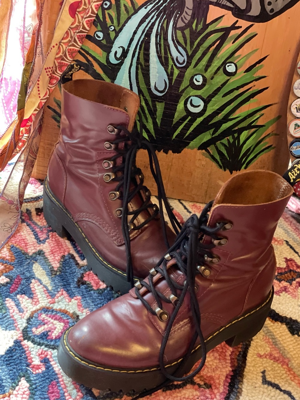 DR. MARTENS Leona Oxblood Leather Lace Up Chunky Platform Boots Women’s Size 8